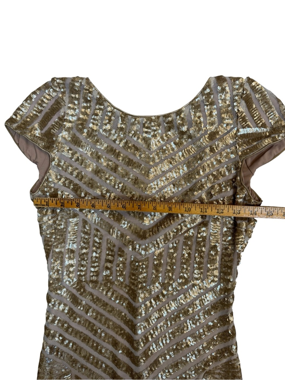 Dress the Population Tabitha Sequin Mini Dress Gold Nude Art Deco Open Back M - Picture 3 of 11